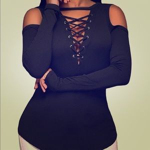 Cold Off Shoulder Blouse Lace-Up Ribbed Top